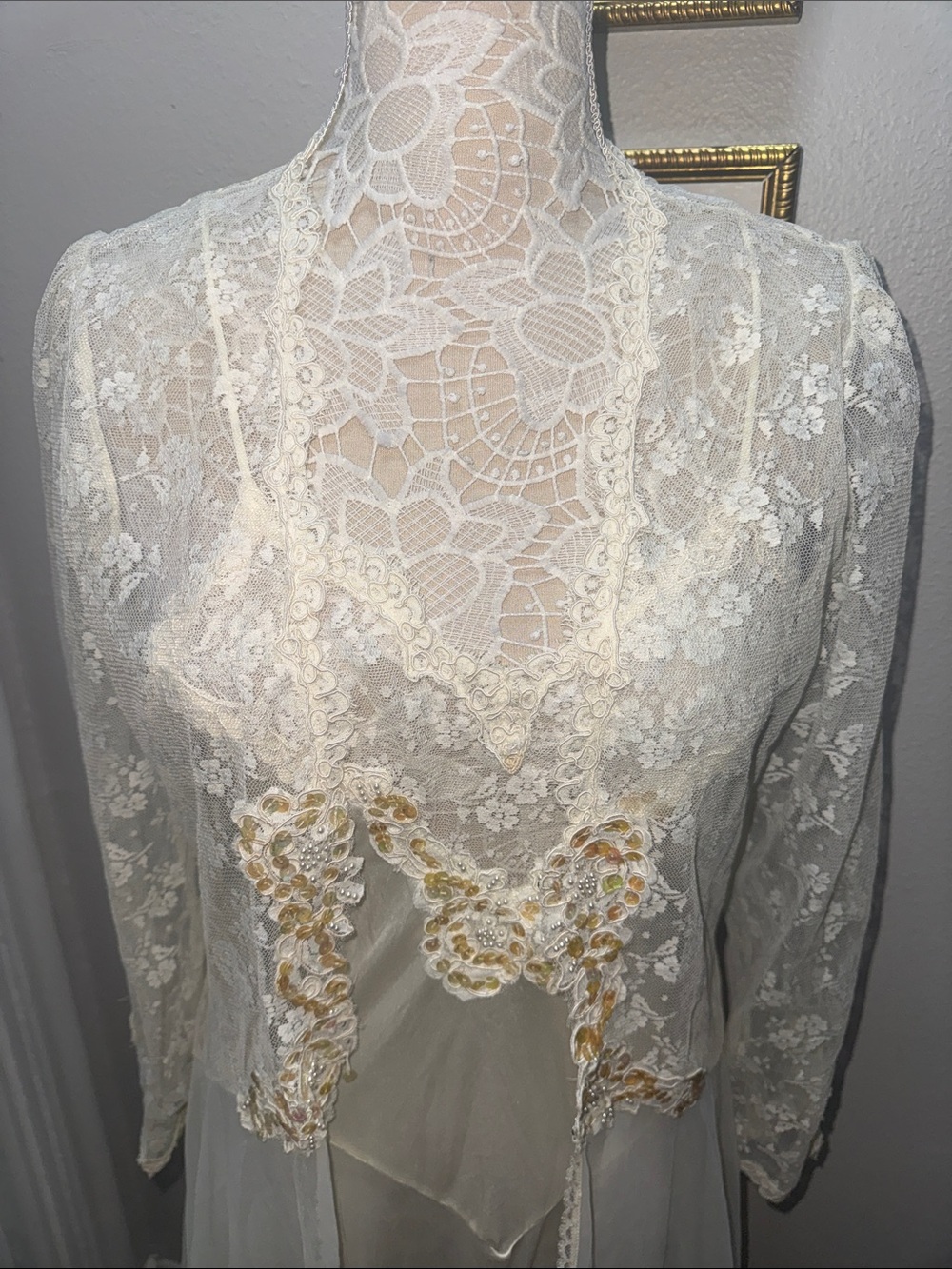 Vintage 70s Victoria's Secret Ivory Lace & Chiffon Long Chemise - Picture 2 of 11